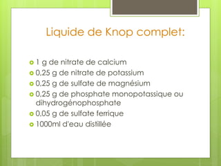 Liquide de Knop complet:
 1 g de nitrate de calcium
 0,25 g de nitrate de potassium
 0,25 g de sulfate de magnésium
 0,25 g de phosphate monopotassique ou
dihydrogénophosphate
 0,05 g de sulfate ferrique
 1000ml d'eau distillée
 