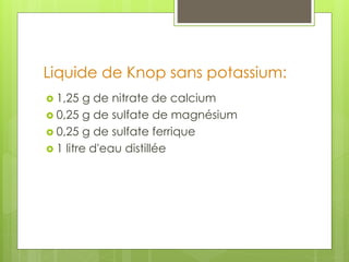 Liquide de Knop sans potassium:
 1,25 g de nitrate de calcium
 0,25 g de sulfate de magnésium
 0,25 g de sulfate ferrique
 1 litre d'eau distillée
 