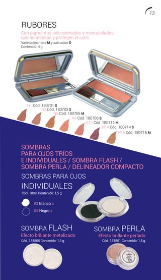 SOMBRAS PARA OJOS
INDIVIDUALES
SOMBRAS
PARA OJOS TRÍOS
E INDIVIDUALES / SOMBRA FLASH /
SOMBRA PERLA / DELINEADOR COMPACTO
SOMBRA PERLASOMBRA FLASH
RUBORES
Efecto brillante metalizado Efecto brillante perlado
Con pigmentos seleccionados y microaislados
que no resecan y protegen el cutis.
Variedades mate M y satinados S
Contenido: 4 g
N1 Cód. 180701 S
03 Blanco s
05 Negro s
N3 Cód. 180703 S
N5 Cód. 180705 M
N6 Cód. 180706 S
N12 Cód. 180712 M
N14 Cód. 180714 S
N15 Cód. 180715 M
Cód. 181805 Contenido: 1,3 g
Cód. 1809 Contenido: 1,5 g
Cód. 181801 Contenido: 1,5 g
13
 