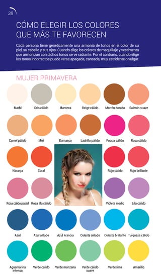 Marfil
Camel pálido
Naranja
Rosacálidopastel
Azul
Aguamarina
intenso
Manteca
Damasco
Naranja
Rosacálidopastel
Azul Francia
Verde manzana
Beige cálido
Ladrillo pálido
Naranja
Rosacálidopastel
Celeste alilado
Verde cálido
suave
Gris cálido
Miel
Coral
Rosa lila cálido
Azul alilado
Verde cálido
Marrón dorado
Fucsia cálido
Rojo cálido
Violeta medio
Celeste brillante
Verde lima
Salmón suave
Rosa cálido
Rojo brillante
Lila cálido
Turquesa cálido
Amarillo
CÓMO ELEGIR LOS COLORES
QUE MÁS TE FAVORECEN
Cada persona tiene genéticamente una armonía de tonos en el color de su
piel, su cabello y sus ojos. Cuando elige los colores de maquillaje y vestimenta
que armonizan con dichos tonos se ve radiante. Por el contrario, cuando elige
los tonos incorrectos puede verse apagada, cansada, muy estridente o vulgar.
MUJER PRIMAVERA
38
 