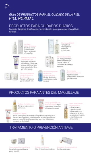 Consejo: limpieza, tonificación, humectación, para preservar el equilibrio
natural.
Dr. Enero
Leche de limpieza
Emulsión liviana
y evanescente.
Retira fácilmente
el maquillaje.
Bruma equilibrante
Tónico facial
descongestivo,
hidratante
y tonificante.
Hidrogel con unisferas
de vitaminas C y E
Estimula la formación
de colágeno y elastina y
protege al ADN del daño
solar, los radicales libres
y el eritema solar.
Crema liposomada con
ácido hialurónico Mejora
rápidamente, redensifica,
hidrata y nutre la piel.
Crema con Oxígeno
Activa los procesos de rejuvenecimiento y reduce, en muy corto
tiempo, la profundidad y visibilidad de las arrugas. Restablece el
espesor natural de la piel; proporciona una mejor hidratación y
recupera su elasticidad.
Prebase efecto luminoso
Otorga un aspecto joven
y luminoso.
Rocío protector con
oligoelementos
Calma, humecta
y revitaliza la piel,
indispensable en el
tratamiento de pieles
sensibles, con rosácea
o manifestaciones
de hiperemia
Crema antiage con coenzima Q
Devuelve la juventud, lozanía
y vigor a la piel.
Prebase Liss Antiage
Alisa el microrrelieve cutáneo.
Monodosis R reestructurantes
Atenúan las arrugas.
Secuencial párpados
Día: Alisa y previene la
formación de arrugas
/ Noche: Mejora la
circulación del colágeno
y elastina.
Concentrado
hidroenergizante aci
Aporta todos los
componentes protectores
y humectantes.
Sérum demaquillante
de pestañas,
párpados y labios
Elimina fácilmente
maquillajes a prueba
de agua.
Film crono hidratante
contiene coenzima
Q y filtro solar
Recupera la frescura
y juventud de la piel.
GUÍA DE PRODUCTOS PARA EL CUIDADO DE LA PIEL
PIEL NORMAL
PRODUCTOS PARA CUIDADOS DIARIOS
PRODUCTOS PARA ANTES DEL MAQUILLAJE
TRATAMIENTO O PREVENCIÓN ANTIAGE
44
 