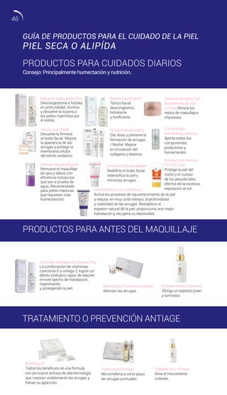 Bálsamo hidratación Plus
Descongestiona e hidrata
en profundidad. Ilumina
y devuelve la lozanía a
las pieles marchitas por
el estrés.
Complejo Antiage con Omega Plus
La combinación de vitaminas,
coenzima Q y omega 3, logran un
efecto sinérgico capaz de reponer
el nivel óptimo de hidratación,
regenerando
y protegiendo la piel.
Sérum con DMAE
Devuelve la firmeza
al óvalo facial. Mejora
la apariencia de las
arrugas y protege la
membrana celular
del estrés oxidativo.
Bruma equilibrante
Tónico facial
descongestivo,
hidratante
y tonificante.
Crema de limpieza con
fitoesteroles de soja
y malva Elimina los
restos de maquillaje e
impurezas.
Secuencial párpados
Día: Alisa y previene la
formación de arrugas
/ Noche: Mejora
la circulación del
colágeno y elastina.
Emulsión Células Madre
Redefine el óvalo facial,
redensifica la piel y
minimiza arrugas.
Crema Retinol con vitamina C
Activa los procesos de rejuvenecimiento de la piel
y reduce, en muy corto tiempo, la profundidad
y visibilidad de las arrugas. Restablece el
espesor natural de la piel; proporciona una mejor
hidratación y recupera su elasticidad.
Demaquillante bifásico
Remueve el maquillaje
de ojos y labios con
eficiencia incluso los
que son a prueba de
agua. Recomendado
para pieles maduras
que requieren más
humectanción.
Concentrado
hidroenergizante aci
Aporta todos los
componentes
protectores y
humectantes.
Emulsión protectora
FPS 50 Color
Protege la piel del
rostro y el cuerpo
de los perjudiciales
efectos de la excesiva
exposición al sol.
PRODUCTOS PARA ANTES DEL MAQUILLAJE
Prebase efecto luminoso
Otorga un aspecto joven
y luminoso.
Prebase Liss Antiage
Alisa el microrelieve
cutáneo.
Biolifting XF
Todos los beneficios de una fórmula
con principios activos de alta tecnología
que mejoran visiblemente las arrugas y
frenan su aparición.
Tratamiento ProAge
Microrrellena a corto plazo
las arrugas puntuales.
Monodosis R reestructurantes
Atenúan las arrugas.
Consejo: Principalmente humectación y nutrición.
PRODUCTOS PARA CUIDADOS DIARIOS
GUÍA DE PRODUCTOS PARA EL CUIDADO DE LA PIEL
PIEL SECA O ALIPÍDA
TRATAMIENTO O PREVENCIÓN ANTIAGE
46
 