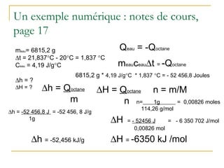 Un exemple numérique : notes de cours,
page 17
meau= 6815,2 g
∆t = 21,837°C - 20°C = 1,837 °C
Ceau = 4,19 J/g°C
∆h = ?
∆H = ?
Qeau = -Qoctane
meauceau∆t = -Qoctane
6815,2 g * 4,19 J/g°C * 1,837 °C = - 52 456,8 Joules
∆h = Qoctane
m
∆h = -52 456,8 J = -52 456, 8 J/g
1g
∆H = Qoctane
n
n = m/M
n= 1g = 0,00826 moles
114,26 g/mol
∆H = - 52456 J = - 6 350 702 J/mol
0,00826 mol
∆H = -6350 kJ /mol∆h = -52,456 kJ/g
 