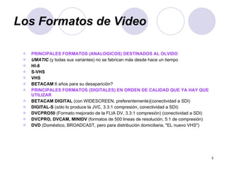 Los Formatos de Video   PRINCIPALES FORMATOS (ANALOGICOS) DESTINADOS AL OLVIDO   UMATIC  (y todas sus variantes) no se fabrican más desde hace un tiempo  HI-8  S-VHS   VHS   BETACAM  6 años para su desaparición? PRINCIPALES FORMATOS (DIGITALES) EN ORDEN DE CALIDAD QUE YA HAY QUE UTILIZAR BETACAM DIGITAL  (con WIDESCREEN, preferentemente)(conectividad a SDI)  DIGITAL-S  (sólo lo produce la JVC, 3.3:1 compresión, conectividad a SDI)  DVCPRO50  (Formato mejorado de la FLIA DV, 3.3:1 compresión) (conectividad a SDI)  DVCPRO, DVCAM, MINIDV  (formatos de 500 lineas de resolución, 5:1 de compresión)  DVD  (Doméstico, BROADCAST, pero para distribución domiciliaria, "EL nuevo VHS") 