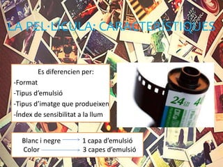 LA PEL·LÍCULA: CARACTERÍSTIQUES
Es diferencien per:
-Format
-Tipus d’emulsió
-Tipus d’imatge que produeixen
-Índex de sensibilitat a la llum
Blanc i negre 1 capa d’emulsió
Color 3 capes d’emulsió
 
