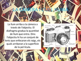 LA CÀMERA I L’ULL HUMÀ
La llum arriba a la càmera a
través de l’objectiu. El
diafragma gradua la quantitat
de llum que entra. Dins
l’objectiu hi ha un conjunt de
lents que enfocaran els raigs, els
quals arribaran a la superfície
de la pel·lícula.
 