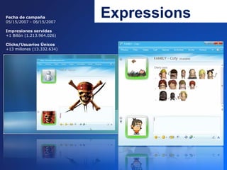 Fecha de campaña
05/15/2007 - 06/15/2007
                            Expressions
Impresiones servidas
+1 Billón (1.213.964.026)

Clicks/Usuarios Únicos
+13 millones (13.332.634)
 