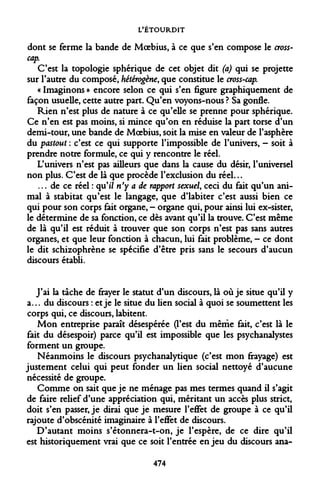 L'ÉTOURDIT 
dont se ferme la bande de Moebius, à ce que s'en compose le cross- cap. 
C'est la topologie sphérique de cet objet dit (a) qui se projette sur l'autre du composé, hétérogène, que constitue le cross-cap. 
« Imaginons » encore selon ce qui s'en figure graphiquement de façon usuelle, cette autre part. Qu'en voyons-nous ? Sa gonfle. 
Rien n'est plus de nature à ce qu'elle se prenne pour sphérique. Ce n'en est pas moins, si mince qu'on en réduise la part torse d'un demi-tour, une bande de Moebius, soit la mise en valeur de l'asphère du pastout : c'est ce qui supporte l'impossible de l'univers, - soit à prendre notre formule, ce qui y rencontre le réel. 
L'univers n'est pas ailleurs que dans la cause du désir, l'universel non plus. C'est de là que procède l'exclusion du réel... 
... de ce réel : qu'il n'y a de rapport sexuel, ceci du fait qu'un animal à stabitat qu'est le langage, que d'iabiter c'est aussi bien ce qui pour son corps fait organe, - organe qui, pour ainsi lui ex-sister, le détermine de sa fonction, ce dès avant qu'il la trouve. C'est même de là qu'il est réduit à trouver que son corps n'est pas sans autres organes, et que leur fonction à chacun, lui fait problème, - ce dont le dit schizophrène se spécifie d'être pris sans le secours d'aucun discours établi. 
J'ai la tâche de frayer le statut d'un discours, là où je situe qu'il y a... du discours : et je le situe du lien social à quoi se soumettent les corps qui, ce discours, labitent. 
Mon entreprise paraît désespérée (l'est du même fait, c'est là le fait du désespoir) parce qu'il est impossible que les psychanalystes forment un groupe. 
Néanmoins le discours psychanalytique (c'est mon frayage) est justement celui qui peut fonder un lien social nettoyé d'aucune nécessité de groupe. 
Comme on sait que je ne ménage pas mes termes quand il s'agit de faire relief d'une appréciation qui, méritant un accès plus strict, doit s'en passer, je dirai que je mesure l'effet de groupe à ce qu'il rajoute d'obscénité imaginaire à l'effet de discours. 
D'autant moins s'étonnera-t-on, je l'espère, de ce dire qu'il est historiquement vrai que ce soit l'entrée enjeu du discours ana- 
474  