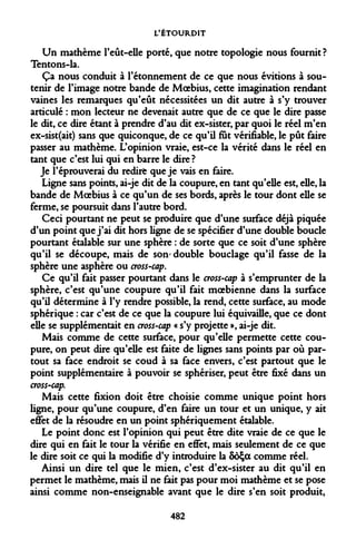 L'ÉTOURDIT 
Un mathème l'eût-elle porté, que notre topologie nous fournit? Tentons-la. 
Ça nous conduit à l'étonnement de ce que nous évitions à soutenir de l'image notre bande de Moebius, cette imagination rendant vaines les remarques qu'eût nécessitées un dit autre à s'y trouver articulé : mon lecteur ne devenait autre que de ce que le dire passe le dit, ce dire étant à prendre d'au dit ex-sister, par quoi le réel m'en ex-sist(ait) sans que quiconque, de ce qu'il fut vérifiable, le pût faire passer au mathème. L'opinion vraie, est-ce la vérité dans le réel en tant que c'est lui qui en barre le dire ? 
Je l'éprouverai du redire que je vais en faire. 
Ligne sans points, ai-je dit de la coupure, en tant qu'elle est, elle, la bande de Moebius à ce qu'un de ses bords, après le tour dont elle se ferme, se poursuit dans l'autre bord. 
Ceci pourtant ne peut se produire que d'une surface déjà piquée d'un point que j'ai dit hors ligne de se spécifier d'une double boucle pourtant étalable sur une sphère : de sorte que ce soit d'une sphère qu'il se découpe, mais de son double bouclage qu'il fasse de la sphère une asphère ou cross-cap. 
Ce qu'il fait passer pourtant dans le cross-cap à s'emprunter de la sphère, c'est qu'une coupure qu'il fait moebienne dans la surface qu'il détermine à l'y rendre possible, la rend, cette surface, au mode sphérique : car c'est de ce que la coupure lui équivaille, que ce dont elle se supplémentait en cross-cap « s'y projette », ai-je dit. 
Mais comme de cette surface, pour qu'elle permette cette coupure, on peut dire qu'elle est faite de lignes sans points par où partout sa face endroit se coud à sa face envers, c'est partout que le point supplémentaire à pouvoir se sphériser, peut être fixé dans un cross-cap. 
Mais cette fixion doit être choisie comme unique point hors ligne, pour qu'une coupure, d'en faire un tour et un unique, y ait effet de la résoudre en un point sphériquement étalable. 
Le point donc est l'opinion qui peut être dite vraie de ce que le dire qui en fait le tour la vérifie en effet, mais seulement de ce que le dire soit ce qui la modifie d'y introduire la 8ôÇa comme réel. 
Ainsi un dire tel que le mien, c'est d'ex-sister au dit qu'il en permet le mathème, mais il ne fait pas pour moi mathème et se pose ainsi comme non-enseignable avant que le dire s'en soit produit, 
482  