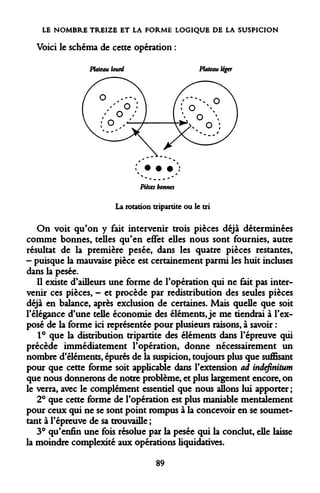 LE NOMBRE TREIZE ET LA FORME LOGIQUE DE LA SUSPICION 
Voici le schéma de cette opération : 
Plateau lourd Plateau léger 
Pièces bonnes 
La rotation tripartite ou le Cri 
On voit qu'on y fait intervenir trois pièces déjà déterminées comme bonnes, telles qu'en effet elles nous sont fournies, autre résultat de la première pesée, dans les quatre pièces restantes, - puisque la mauvaise pièce est certainement parmi les huit incluses dans la pesée. 
Il existe d'ailleurs une forme de l'opération qui ne fait pas intervenir ces pièces, - et procède par redistribution des seules pièces déjà en balance, après exclusion de certaines. Mais quelle que soit l'élégance d'une telle économie des éléments, je me tiendrai à l'exposé de la forme ici représentée pour plusieurs raisons, à savoir : 
1° que la distribution tripartite des éléments dans l'épreuve qui précède immédiatement l'opération, donne nécessairement un nombre d'éléments, épurés de la suspicion, toujours plus que suffisant pour que cette forme soit applicable dans l'extension ad indefinitum que nous donnerons de notre problème, et plus largement encore, on le verra, avec le complément essentiel que nous allons lui apporter; 
2° que cette forme de l'opération est plus maniable mentalement pour ceux qui ne se sont point rompus à la concevoir en se soumettant à l'épreuve de sa trouvaille ; 
3° qu'enfin une fois résolue par la pesée qui la conclut, elle laisse la moindre complexité aux opérations liquidatives. 
89  