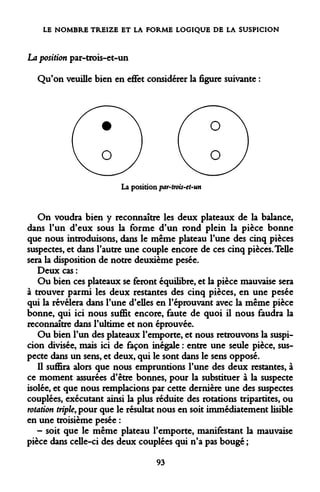 LE NOMBRE TREIZE ET LA FORME LOGIQUE DE LA SUSPICION 
La position par-trois-et-un 
Qu'on veuille bien en effet considérer la figure suivante : 
La position par-trois-et-un 
On voudra bien y reconnaître les deux plateaux de la balance, dans l'un d'eux sous la forme d'un rond plein la pièce bonne que nous introduisons, dans le même plateau l'une des cinq pièces suspectes, et dans l'autre une couple encore de ces cinq pièces. Telle sera la disposition de notre deuxième pesée. 
Deux cas : 
Ou bien ces plateaux se feront équilibre, et la pièce mauvaise sera à trouver parmi les deux restantes des cinq pièces, en une pesée qui la révélera dans l'une d'elles en l'éprouvant avec la même pièce bonne, qui ici nous suffit encore, faute de quoi il nous faudra la reconnaître dans l'ultime et non éprouvée. 
Ou bien l'un des plateaux l'emporte, et nous retrouvons la suspicion divisée, mais ici de façon inégale : entre une seule pièce, suspecte dans un sens, et deux, qui le sont dans le sens opposé. 
Il suffira alors que nous empruntions l'une des deux restantes, à ce moment assurées d'être bonnes, pour la substituer à la suspecte isolée, et que nous remplacions par cette dernière une des suspectes couplées, exécutant ainsi la plus réduite des rotations tripartites, ou rotation triple, pour que le résultat nous en soit immédiatement lisible en une troisième pesée : 
- soit que le même plateau l'emporte, manifestant la mauvaise pièce dans celle-ci des deux couplées qui n'a pas bougé ; 
93  