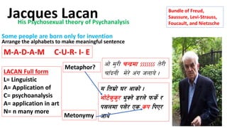 Jacques Lacan Bundle of Freud,
Saussure, Levi-Strauss,
Foucault, and Nietzsche
Some people are born only for invention
Arrange the alphabets to make meaningful sentence
M-A-D-A-M C-U-R- I- E
LACAN Full form
L= Linguistic
A= Application of
C= psychoanalysis
A= application in art
N= n many more
cf] d'/L rGb|df ˜˜˜˜˜˜˜ t]/L
rfFbgL d]/] c+u hnfo] .
Metaphor?
Metonymy
d ltd|f] 3/ cfsf] .
Eff]6]s's'/ e'Sg] 8/n] kms]{ /
k;ndf k;]/ Ps sk lkP/
cfo]+
His Psychosexual theory of Psychanalysis
 