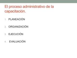 El proceso administrativo de la 
capacitación. 
1. PLANEACIÓN 
2. ORGANIZACIÓN 
3. EJECUCIÓN 
4. EVALUACIÓN 
 