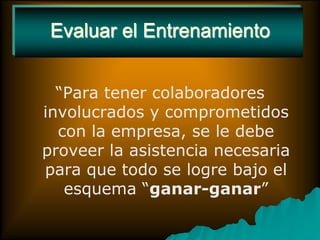 Ejecutar el Curso de CapacitaciónEl curso de capacitación es una tarea eminente del recurso.Es importante la creatividad y la innovación en el proceso de transmitir conocimientos y experiencias para tratar adecuadamente el desarrollo del curso y lograr eficientemente los objetivos del mismo.El proceso de selección como el de capacitación del personal depende en gran medida de factores como el análisis de puestos, el plan de recursos humanos, y la oferta y calidad del mercado de trabajo.
