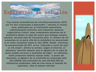 Esperanzas de solución“Los niveles atmosféricos de clorofluorocarbonos (CFC) por fin han comenzado a descender”, informa la revista ecos, publicada por la institución australiana commonwealthscientific and industrial researchorganization (csiro). esos compuestos químicos de la atmósfera dañan la capa de ozono que protege nuestro planeta. durante más de cincuenta años, el número de cfc presentes en la parte alta de la atmósfera ha aumentado a un ritmo constante hasta el año 2000. Desde  entonces, la concentración de CFC  se ha “reducido a razón de casi un 1% anual”, afirma la revista. según el informe, el descenso “permite esperar que el agujero de la capa de ozono pueda cerrarse a mediados de siglo”. no obstante, estos productos todavía causan daño. “a pesar del descenso, el agujero de la antártida ha alcanzado este año [2005] una extensión de casi 29.000.000 de kilómetros cuadrados, más de tres veces el tamaño de australia”, dice el mismo informe.