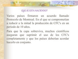 QUE SE ESTA HACIENDO?
Varios países firmaron un acuerdo llamado
Protocolo de Montreal. En el que se comprometían
a reducir a la mitad la producción de CFC's en un
periodo de 10 años.
Para que la capa sobreviva, muchos científicos
aseguran que suprimir el uso de los CFC's
completamente y que los países deberían acordar
hacerlo en conjunto.
 