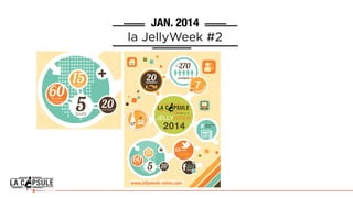 JAN. 2014
la JellyWeek #2
JELLYWEEK
270
participants
+
de
2014
bénév
oles
7
20partenaires
5jours
20intervenants
15ateliers
60heures
de travail
8 retombées
presse
63tweets
6836
portée t
otale
523fans
17
8
www.jellyweek-reims.com
JELLYWEEK
2014
5jours
20intervenants
15ateliers
60heures
de travail
8 retombées
presse
63tweets
6836
portée t
otale
523fans
17
8
www.jellyweek-reims.com
 
