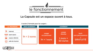 non-adhérent
1h = 2 euros
la promesse
internet
open-space
espace détente
salle de réunion
le fonctionnement
La Capsule est un espace ouvert à tous.
adhérent
tenir
une permanence
=
GRATUITé
Il existe 2 formules pour les usagers :
usage
occasionnel
1h = 1 euro
usage
illimité
1 mois =
50 euros
 