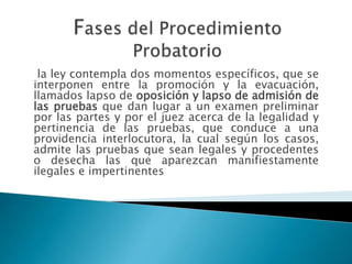la ley contempla dos momentos específicos, que se
interponen entre la promoción y la evacuación,
llamados lapso de oposición y lapso de admisión de
las pruebas que dan lugar a un examen preliminar
por las partes y por el juez acerca de la legalidad y
pertinencia de las pruebas, que conduce a una
providencia interlocutora, la cual según los casos,
admite las pruebas que sean legales y procedentes
o desecha las que aparezcan manifiestamente
ilegales e impertinentes
 
