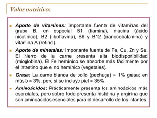 Contenido colesterol aprox. 65 - 75 mg/100g. músculo magro: no es muy alto