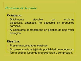 Proteínas de la carneSon polímeros de aminoácidos, unidos entre sí por enlaces peptídicos.Clasificación proteínas cárnicas:Conectivas: Insolubles en agua y en soluciones salinas: colágeno, elastina. Forman membranas musculares.