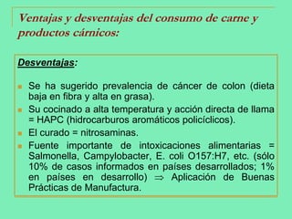 Ventajas y desventajas del consumo de carne y productos cárnicos:Desventajas:Se ha sugerido prevalencia de cáncer de colon (dieta baja en fibra y alta en grasa).Su cocinado a alta temperatura y acción directa de llama = HAPC (hidrocarburos aromáticos policíclicos).El curado = nitrosaminas.Fuente importante de intoxicaciones alimentarias = Salmonella, Campylobacter, E. coli O157:H7, etc. (sólo 10% de casos informados en países desarrollados; 1% en países en desarrollo)  Aplicación de Buenas Prácticas de Manufactura.