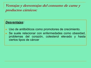 Ventajas y desventajas del consumo de carne y productos cárnicos:Desventajas:Uso de antibióticos como promotores de crecimiento.Se suele relacionar con enfermedades como obesidad, problemas del corazón, colesterol elevado y hasta ciertos tipos de cáncer