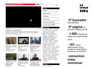 2º buscador  tras GOOGLE. 2º página  en minutos visitada tras FB 1.000  millones de videos son reproducidos al día   183  videos relacionados con la ciudad, la sostenbilidad, los barrios, la vivienda. comunicar, crear, conversar   