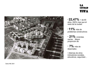 22,47%  + de 65 años, 200% mas que el resto de la ciudad. 11%  más de problemas constructivos 21%  viviendas vacías .  Mayor proporción de 7%  más de desempleo. Ademas de otros indicadores sociales, educativos, seguridad… Datos INE 2001 