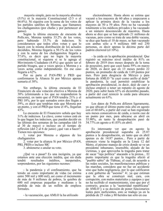 9
mayoría simple, pero no la mayoría absoluta
(51%) ni la mayoría Constitucional (2/3 o el
66.6%). Ni siquiera con la suma de los votos de
los partidos satélites de Morena, que llamamos
los chafagansitos (por chafas y por pertenecer al
ganso).
Según la última encuesta de encuesta de
Polls.mx, Morena tendría 33.2% de los votos,
pero habiendo 33.7% de indecisos. Si
consideramos que todos ellos votan y que lo
hacen con la misma distribución de los actuales
decididos, Morena llegaría a 50.1% de los votos
y con la suma de los chafagansitos llegaría a
57.6%, es decir que no logra la mayoría
constitucional, ni siquiera si se le agrega el
Movimiento Ciudadano (4.4%) que quiere ser el
partido bisagra, que a veces apoya a Morena y a
veces actúa como independiente. En ese caso
llegaría a 62%.
Por su parte el PAN-PRI y PRD que
conformaron la Alianza Sí por México apenas
sumaría el 38%.
Sin embargo, la última encuesta de El
Financiero da una votación efectiva a Morena de
38% (eliminando a los que no respondieron la
encuesta), en tanto que el PAN tendría 21% y el
PRI 18%, por lo que sumados estos dos llegan a
39%, es decir que tendrían más que Morena por
un punto, y con el PRD que tiene el 4%, llegarían
43%.
La encuesta de El Financiero señala que hay
31% de indecisos. La clave, como vemos está en
lo que hagan los indecisos, que pueden decidir en
las últimas dos semanas de las campañas (del 16
al 30 de mayo) o incluso en el tiempo de
reflexión (del 2 al 6 de junio) ¿qué van a hacer?.
Tienen tres opciones:
1. votar por Morena o algunos de los
chafagansitos
2. votar por la alianza Si por México (PAN,
PRI, PRD) o incluso MC
3. abstenerse o anular su voto.
¿Qué va a pasar? Es una incógnita, ya que
estamos ante una elección inédita, que sin duda
tendrá resultados inéditos, inesperados,
sorprendentes, por las siguientes razones:
- la pandemia y el confinamiento, que ha
tenido un costo importante de vidas (se estima
entre 500 mil y 600 mil), así como el incremento
de más de 9 millones de pobres, la quiebra de
600 mil empresas pequeñas y medianas y la
pérdida de más de un millón de empleos
formales.
- la vacunación, que AMLO la ha utilizado
electoralmente. Hasta ahora se estima que
vacunó a los mayores de 60 años y empezaron a
aplicar la primera dosis de la vacuna a los
mayores de 50 a 59 años. Pero no ha vacunado
totalmente a los médicos privados y ha vacunado
a un número desconocido de maestros. Hasta
ahora se dice que se han aplicado 21 millones de
vacunas, pero como se trata de una doble vacuna,
se dice que hasta el 10 de mayo, se han vacunado
con ambas sólo a 9 millones 440 mil 250
personas, es decir apenas la décima parte del
padrón electoral (el 10%).
- la caída en la aprobación presidencial. Que
registró su máximo nivel inédito de 81% en
febrero de 2019 (tres meses después de la toma
de posesión), pero que cayó hasta 59% en marzo
de 2020, es decir que en 13 meses perdió 22
puntos, un promedio de caída de 1.69 puntos por
mes. Pero para desgracia de México y para
fortuna de AMLO “le cayó como anillo al dedo”
la pandemia, la cual permitió estabilizar la
aprobación presidencial, es decir, dejó de caer e
incluso empezó a tener un repunto en agosto de
2020, para subir hasta 65% en diciembre pasado,
a partir del cual reinició la caída para ubicarse
actualmente en 63%.
Los datos de Polls.mx difieren ligeramente,
ya que ubican el último punto más alto en agosto
con el 60.64%, a partir del cual se han registrado
seis meses consecutivos de caída, a razón casi de
un punto por mes, para ubicarse en abril en
55.90%, en tanto la desaprobación pasó de
34.77% en agosto a 41.03% en abril.
Es interesante ver que en agosto la
aprobación presidencial superaba en 25.87
puntos a la desaprobación, en tanto que en abril
apenas es de 14.87 puntos... Pero a partir de
entonces viene la tragedia en la Linea 12 del
Metro, el pésimo manejo de crisis donde se ve un
presidente inhumano, insensible, alejado de las
víctimas, y que aprovecha la tragedia para tratar
de sacar “raja política” atacando a la prensa... El
punto importante es que la tragedia afectó al
“pueblo sabio” de Tláhuac, el cual, de acuerdo a
las redes sociales, las manifestaciones públicas y
las marchas, considera que no fue un accidente
sino que hubo negligencia, por lo que calificaron
a este gobierno de “asesino” 4/, ya que estiman
que la obra se construyó mal, cara, con
corrupción, con malos materiales y equipos y que
no ha recibido el mantenimiento, sino que por el
contrario, gracias a la “austeridad republicana”
de AMLO y a su decisión de poner funcionarios
leales pero ineficientes, esto se tradujo ya en la
pérdida de 25 vidas y 80 heridos tan sólo en esa
 