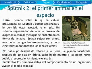 Sputnik 2: el primer animal en el
espacio
Introducción Definición Logros Conclusiones Bibliografía
•Laika pesaba sobre 6 kg. La cabina
presurizada del Sputnik 2 estaba acolchada y
le permitía estar acostada o en pie. Un
sistema regenerador de aire le proveía de
oxígeno; la comida y el agua se encontraba en
forma de gelatina. Estaba sujeta con arnés,
una bolsa recogía los excrementos, y unos
electrodos monitorizaban las señales vitales.
La perrita “Laika” en la capsula
termica. Alexander Chernov, Virtual
Space Museum.
•No había posibilidad de retorno a la Tierra. Se planeó sacrificarla
después de 10 días en órbita. Laika había muerto a las pocas horas
debido al sobrecalentamiento y el estrés.
•Suministró los primeros datos del comportamiento de un organismo
vivo en el medio espacial.
 