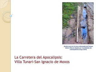 Aceite sucio en la zona colonizada del Parque Isiboro Sécure dejado por movilidades de colonizadores (mayo 2010). La Carretera del Apocalipsis:Villa Tunari-San Ignacio de Moxos 