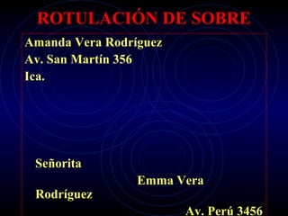 ROTULACIÓN DE SOBRE
Amanda Vera Rodríguez
Av. San Martín 356
Ica.




 Señorita
                 Emma Vera
 Rodríguez
                        Av. Perú 3456
 