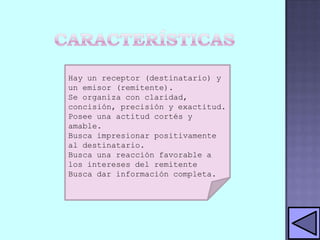 Hay un receptor (destinatario) y
un emisor (remitente).
Se organiza con claridad,
concisión, precisión y exactitud.
Posee una actitud cortés y
amable.
Busca impresionar positivamente
al destinatario.
Busca una reacción favorable a
los intereses del remitente
Busca dar información completa.

 
