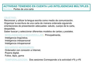 ACTIVIDAD TENIENDO EN CUENTA LAS INTELIGENCIAS MÚLTIPLES.
Nombre: Partes de una carta
OBJETIVO:
Reconocer y utilizar la lengua escrita como medio de comunicación.
Organizar la escritura de una carta de manera ordenada siguiendo
orientaciones de presentación adecuadas: saludo, cuerpo de la carta,
despedida.
Saber buscar y seleccionar diferentes modelos de cartas y postales.
INTELIGENCIAS A DESARROLLAR: Principalmente,
Inteligencia lingüística.
Inteligencia interpersonal
Inteligencia intrapersonal
RECURSOS NECESARIOS:
Ordenador con conexión a Internet.
Pizarra digital.
Folios, lápiz, goma
TEMPORALIZACION: Dos sesiones Corresponde a la actividad nº5 y nº6
 