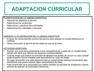 ADAPTACION CURRICULAR
PLANIFICACIÓN DE LA UNIDAD DIDÀCTICA:
• Adecuar los objetivos al alumno.
• Seleccionar los contenidos.
• Seleccionar y planificar las actividades.
• Seleccionar los materiales y recursos.
DURANTE LA ELABORACIÓN DE LA UNIDAD DIDACTICA
• Evaluar los conocimientos previos del alumno para adaptar la unidad didáctica a la
realidad.
• Hacer conocedor al alumno de los objetivos que se le piden.
ACTIVIDAD ADAPTADA:
• Escribir una carta para presentarse a sus compañeros/as, a partir de un modelo dado,
donde solo tiene que rellenar los espacios correspondientes.
• Cuando tenga que realizar la actividad de destacar las partes de una en su caso “postal”
podrá disponer de los modelos para consultarlos en caso de dudas.
• En lugar de escribir una carta personal hará un postal donde explique brevemente algo
interesante que quiera explicar algún compañero/a de clase.
• Para incentivarlo se le propondrá que realice también la actividad de ampliación cuando
termine de realizar las actividades anteriores.
 
