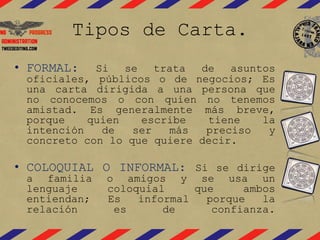 Tipos de Carta.
• FORMAL: Si se trata de asuntos
oficiales, públicos o de negocios; Es
una carta dirigida a una persona que
no conocemos o con quien no tenemos
amistad. Es generalmente más breve,
porque quien escribe tiene la
intención de ser más preciso y
concreto con lo que quiere decir.
• COLOQUIAL O INFORMAL: Si se dirige
a familia o amigos y se usa un
lenguaje coloquial que ambos
entiendan; Es informal porque la
relación es de confianza.
 