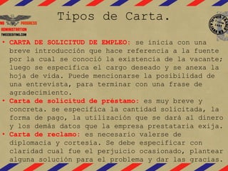 • CARTA DE SOLICITUD DE EMPLEO: se inicia con una 
breve introducción que hace referencia a la fuente 
por la cual se conoció la existencia de la vacante; 
luego se especifica el cargo deseado y se anexa la 
hoja de vida. Puede mencionarse la posibilidad de 
una entrevista, para terminar con una frase de 
agradecimiento. 
• Carta de solicitud de préstamo: es muy breve y 
concreta. se especifica la cantidad solicitada, la 
forma de pago, la utilización que se dará al dinero 
y los demás datos que la empresa prestataria exija. 
• Carta de reclamo: es necesario valerse de 
diplomacia y cortesía. Se debe especificar con 
claridad cual fue el perjuicio ocasionado, plantear 
alguna solución para el problema y dar las gracias. 
 
