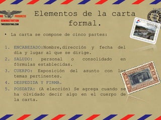 Elementos de la carta 
formal. 
• La carta se compone de cinco partes: 
1. ENCABEZADO:Nombre,dirección y fecha del 
día y lugar al que se dirige. 
2. SALUDO: personal o consolidado en 
fórmulas establecidas. 
3. CUERPO: Exposición del asunto con los 
temas pertinentes. 
4. DESPEDIDA Y FIRMA. 
5. POSDATA: (A elección) Se agrega cuando se 
ha olvidado decir algo en el cuerpo de 
la carta. 
 