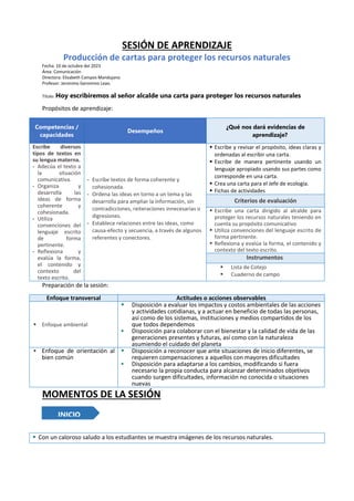 SESIÓN DE APRENDIZAJE
Producción de cartas para proteger los recursos naturales
Fecha: 10 de octubre del 2023
Área: Comunicación
Directora: Elizabeth Campos Mandujano
Profesor: Jeronimo Geronimo Leao.
Título: Hoy escribiremos al señor alcalde una carta para proteger los recursos naturales
Propósitos de aprendizaje:
Competencias /
capacidades
Desempeños
¿Qué nos dará evidencias de
aprendizaje?
Escribe diversos
tipos de textos en
su lengua materna.
- Adecúa el texto a
la situación
comunicativa.
- Organiza y
desarrolla las
ideas de forma
coherente y
cohesionada.
- Utiliza
convenciones del
lenguaje escrito
de forma
pertinente.
- Reflexiona y
evalúa la forma,
el contenido y
contexto del
texto escrito.
- Escribe textos de forma coherente y
cohesionada.
- Ordena las ideas en torno a un tema y las
desarrolla para ampliar la información, sin
contradicciones, reiteraciones innecesarias o
digresiones.
- Establece relaciones entre las ideas, como
causa-efecto y secuencia, a través de algunos
referentes y conectores.
 Escribe y revisar el propósito, ideas claras y
ordenadas al escribir una carta.
 Escribe de manera pertinente usando un
lenguaje apropiado usando sus partes como
corresponde en una carta.
 Crea una carta para el Jefe de ecología.
 Fichas de actividades
Criterios de evaluación
 Escribe una carta dirigido al alcalde para
proteger los recursos naturales teniendo en
cuenta su propósito comunicativo
 Utiliza convenciones del lenguaje escrito de
forma pertinente.
 Reflexiona y evalúa la forma, el contenido y
contexto del texto escrito.
Instrumentos
 Lista de Cotejo
 Cuaderno de campo
Preparación de la sesión:
Enfoque transversal Actitudes o acciones observables
 Enfoque ambiental
 Disposición a evaluar los impactos y costos ambientales de las acciones
y actividades cotidianas, y a actuar en beneficio de todas las personas,
así como de los sistemas, instituciones y medios compartidos de los
que todos dependemos
 Disposición para colaborar con el bienestar y la calidad de vida de las
generaciones presentes y futuras, así como con la naturaleza
asumiendo el cuidado del planeta
 Enfoque de orientación al
bien común
 Disposición a reconocer que ante situaciones de inicio diferentes, se
requieren compensaciones a aquellos con mayores dificultades
 Disposición para adaptarse a los cambios, modificando si fuera
necesario la propia conducta para alcanzar determinados objetivos
cuando surgen dificultades, información no conocida o situaciones
nuevas
MOMENTOS DE LA SESIÓN
 Con un caloroso saludo a los estudiantes se muestra imágenes de los recursos naturales.
INICIO
 