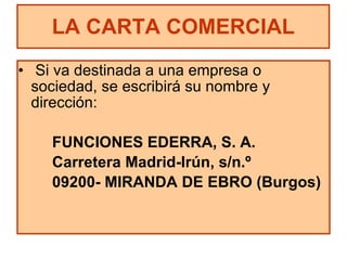 Si va destinada a una empresa o sociedad, se escribirá su nombre y dirección:  FUNCIONES EDERRA, S. A. Carretera Madrid-Irún, s/n.º 09200- MIRANDA DE EBRO (Burgos) LA CARTA COMERCIAL 