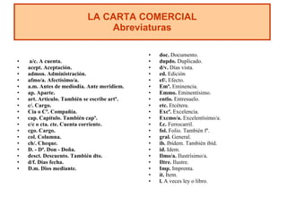 a/c. A cuenta.  acept. Aceptación. admon. Administración. afmo/a. Afectísimo/a. a.m. Antes de mediodía. Ante meridiem. ap. Aparte. art. Artículo. También se escribe artº. c/. Cargo. Cía o Cª. Compañía. cap. Capítulo. También capº. c/c o cta. cte. Cuenta corriente. cgo. Cargo. col. Columna. ch/. Cheque. D. - Dª. Don - Doña. desct. Descuento. También dto. d/f. Días fecha. D.m. Dios mediante. doc.  Documento. dupdo.  Duplicado. d/v.  Días vista.  ed.  Edición ef/.  Efecto. Emª.  Eminencia. Emmo.  Eminentísimo. entlo.  Entresuelo. etc.  Etcétera. Excª.  Excelencia. Excmo/a.  Excelentísimo/a. f.c.  Ferrocarril. fol.  Folio. También fº. gral.  General. ib.  Ibídem. También ibíd. id.  Idem.  Ilmo/a.  Ilustrísimo/a. Iltre.  Ilustre. Imp.  Imprenta. ít.  Ítem. l.  A veces ley o libro. LA CARTA COMERCIAL Abreviaturas 