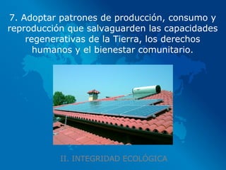 II. INTEGRIDAD ECOLÓGICA 7. Adoptar patrones de producción, consumo y reproducción que salvaguarden las capacidades regenerativas de la Tierra, los derechos humanos y el bienestar comunitario. 