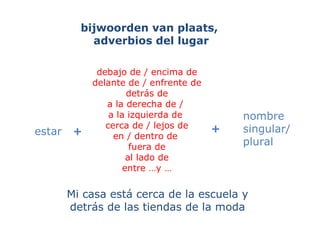 debajo de / encima de delante de / enfrente de detrás de a la derecha de /  a la izquierda de  cerca de / lejos de en / dentro de  fuera de al lado de entre …y … estar   + nombre  +  singular/  plural bijwoorden van plaats,  adverbios del lugar Mi casa está cerca de la escuela y detrás de las tiendas de la moda 