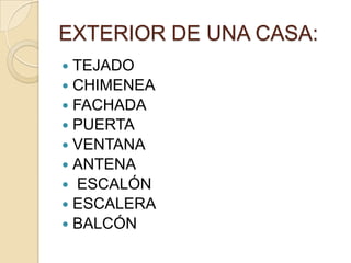 EXTERIOR DE UNA CASA:
TEJADO
CHIMENEA
FACHADA
PUERTA
VENTANA
ANTENA
ESCALÓN
ESCALERA
BALCÓN