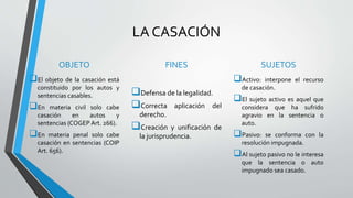 LA CASACIÓN
OBJETO
El objeto de la casación está
constituido por los autos y
sentencias casables.
En materia civil solo cabe
casación en autos y
sentencias (COGEP Art. 266).
En materia penal solo cabe
casación en sentencias (COIP
Art. 656).
FINES
Defensa de la legalidad.
Correcta aplicación del
derecho.
Creación y unificación de
la jurisprudencia.
SUJETOS
Activo: interpone el recurso
de casación.
El sujeto activo es aquel que
considera que ha sufrido
agravio en la sentencia o
auto.
Pasivo: se conforma con la
resolución impugnada.
Al sujeto pasivo no le interesa
que la sentencia o auto
impugnado sea casado.
 
