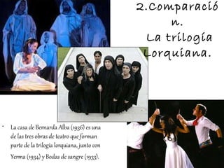 2.Comparación.  La trilogía Lorquiana. La casa de Bernarda Alba (1936) es una de las tres obras de teatro que forman parte de la trilogía lorquiana, junto con Yerma (1934) y Bodas de sangre (1933).   