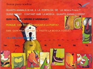 QUANTS ANIMALS HI HA A LA PORTA DA DE LA MOSCA FOSCA ?
PERQUÈ VAN DECIDIR TRUCAR A LA PORTA?
AMB QUIN FRUIT VA FER EL PASTÍS LA MOSCA FOSCA?
QUINS EREN? CONTANT AMB LA MOSCA , QUANTS ANIMALS EREN?
1er 2on 3er 4t 5è 6è 7è
QUIN VA SER L’ORDRE D’ARRIBADA?
I A L’ÓS LI VA ANAR BÉ?
 