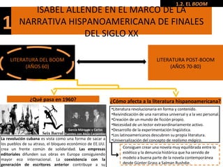 1
ISABEL ALLENDE EN EL MARCO DE LA
NARRATIVA HISPANOAMERICANA DE FINALES
DEL SIGLO XX
LITERATURA DEL BOOM
(AÑOS 60)
LITERATURA POST-BOOM
(AÑOS 70-80)
1.2. EL BOOM
•Literatura revolucionaria en forma y contenido.
•Reivindicación de una narrativa universal y a la vez personal.
•Creación de un mundo de ficción propio.
•Necesidad de un lector extraordinariamente activo.
•Desarrollo de la experimentación lingüística.
•Los latinoamericanos descubren su propia literatura.
•Universalización del concepto de realismo mágico.
¿Qué pasa en 1960? ¿Cómo afecta a la literatura hispanoamericana?
La revolución cubana es vista como una forma de sacar a
los pueblos de su atraso, el bloqueo económico de EE.UU.
crea un frente común de solidaridad. Las empresas
editoriales difunden sus obras en Europa consiguiendo
mayor eco internacional. La coexistencia con la
generación de escritores anterior contribuye a su
Consiguen crear una novela muy equilibrada entre lo
estético y la denuncia histórica que ha servido de
modelo a buena parte de la novela contemporánea
desde Günter Grass a Salman Rushdie.
García Márquez y Carlos
Fuentes con Alejo Carpentier
 