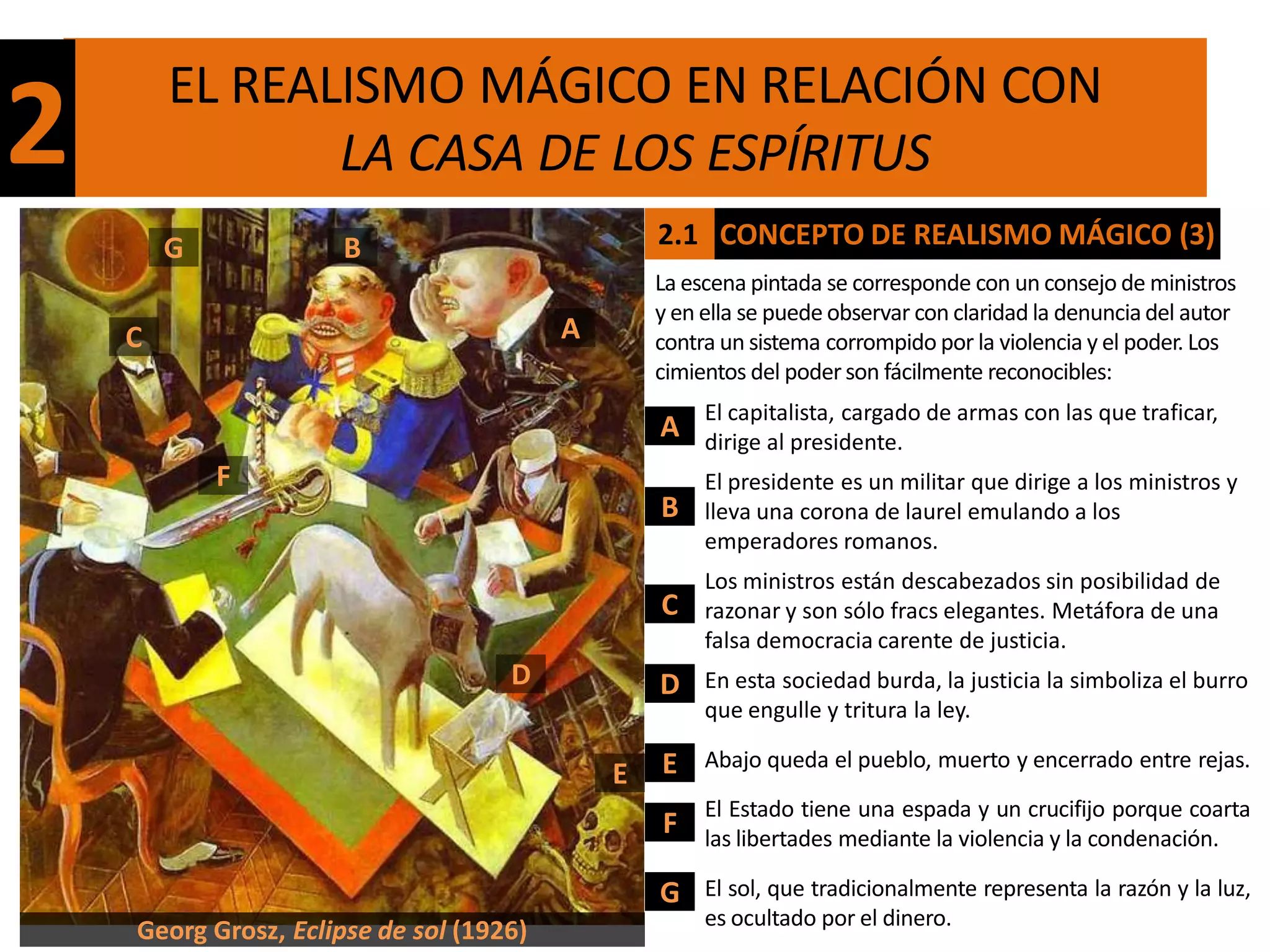 EL REALISMO MÁGICO EN RELACIÓN CON
2              LA CASA DE LOS ESPÍRITUS
        G            B                           2.1 CONCEPTO DE REALISMO MÁGICO (3)
                                                 La escena pintada se corresponde con un consejo de ministros
                                                 y en ella se puede observar con claridad la denuncia del autor
    C                                    A       contra un sistema corrompido por la violencia y el poder. Los
                                                 cimientos del poder son fácilmente reconocibles:
                                                      El capitalista, cargado de armas con las que traficar,
                                                 A    dirige al presidente.
            F                                         El presidente es un militar que dirige a los ministros y
                                                 B    lleva una corona de laurel emulando a los
                                                      emperadores romanos.
                                                      Los ministros están descabezados sin posibilidad de
                                                 C    razonar y son sólo fracs elegantes. Metáfora de una
                                                      falsa democracia carente de justicia.
                                    D            D    En esta sociedad burda, la justicia la simboliza el burro
                                                      que engulle y tritura la ley.

                                                 E    Abajo queda el pueblo, muerto y encerrado entre rejas.
                                             E
                                                      El Estado tiene una espada y un crucifijo porque coarta
                                                 F    las libertades mediante la violencia y la condenación.

                                                 G    El sol, que tradicionalmente representa la razón y la luz,
                                                      es ocultado por el dinero.
    Georg Grosz, Eclipse de sol (1926)
 